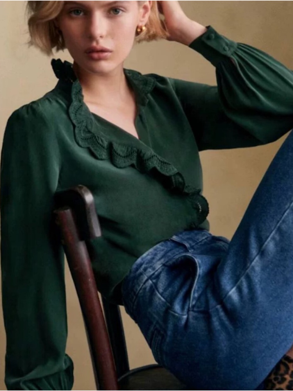 Sézane Chlo Silk Ruffle Lace Blouse Hunter Green Long Sleeve Button Up-44/XXL